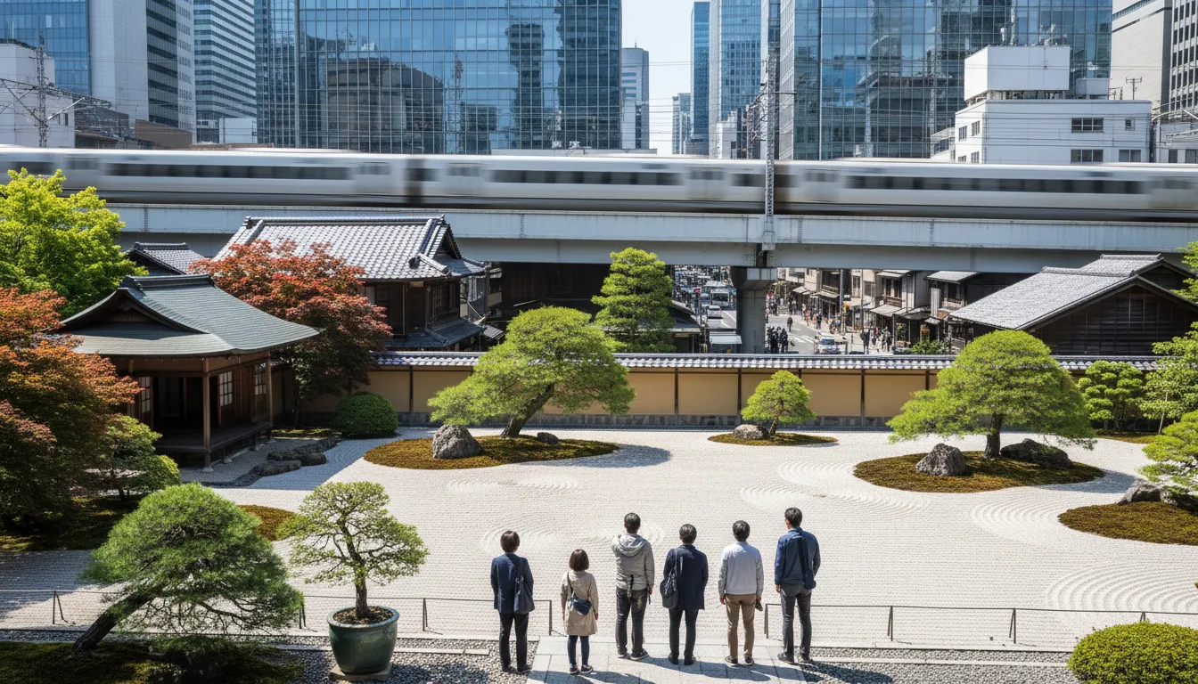 Um trem-bala moderno atravessa uma cidade japonesa, com um jardim zen no primeiro plano.