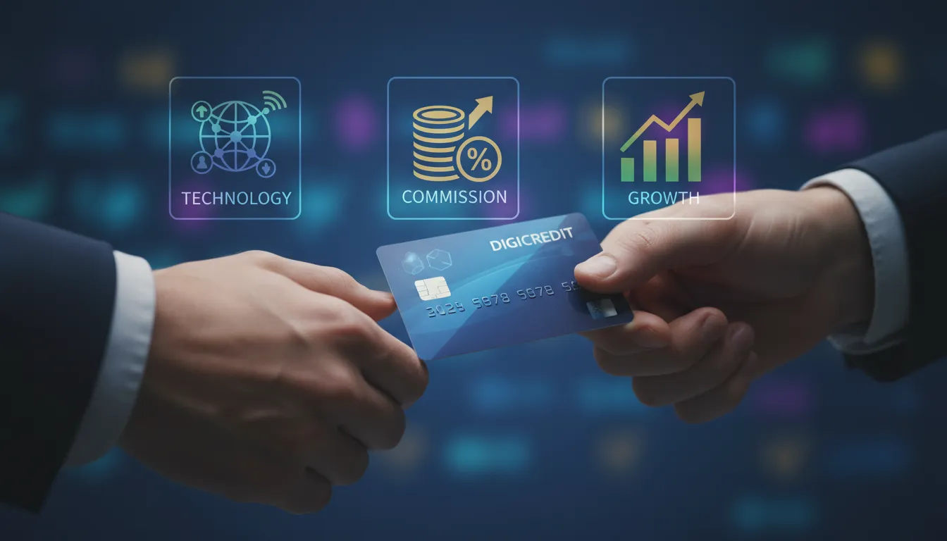 Mãos trocando cartão de crédito com ícones digitais ao fundo, representando parceria e comissão no setor financeiro.