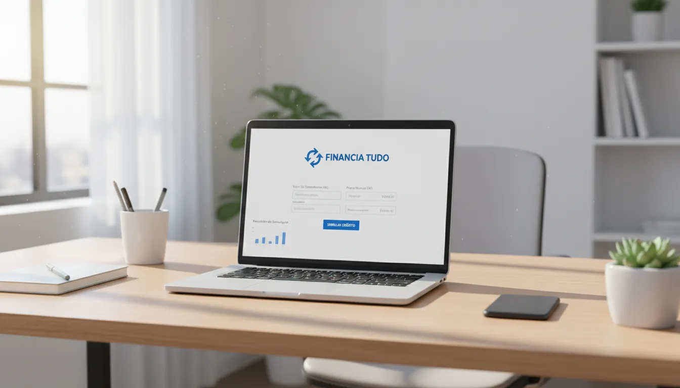 Simulação de crédito no notebook, destaque para a plataforma Financia Tudo facilitando acesso ao empréstimo.