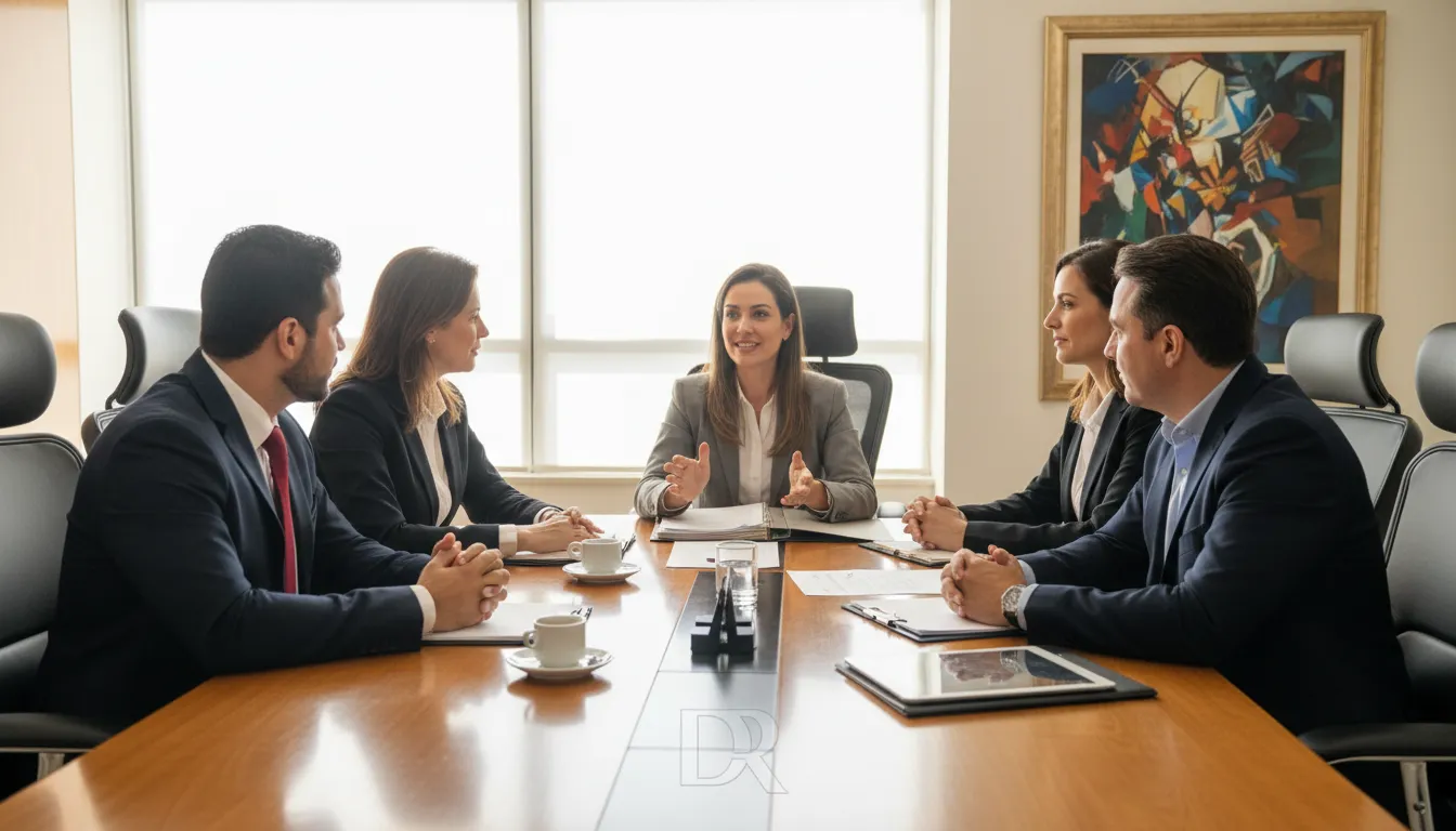 Grupo diverso recebe assessoria jurídica de um advogado em Barueri em sala acolhedora.