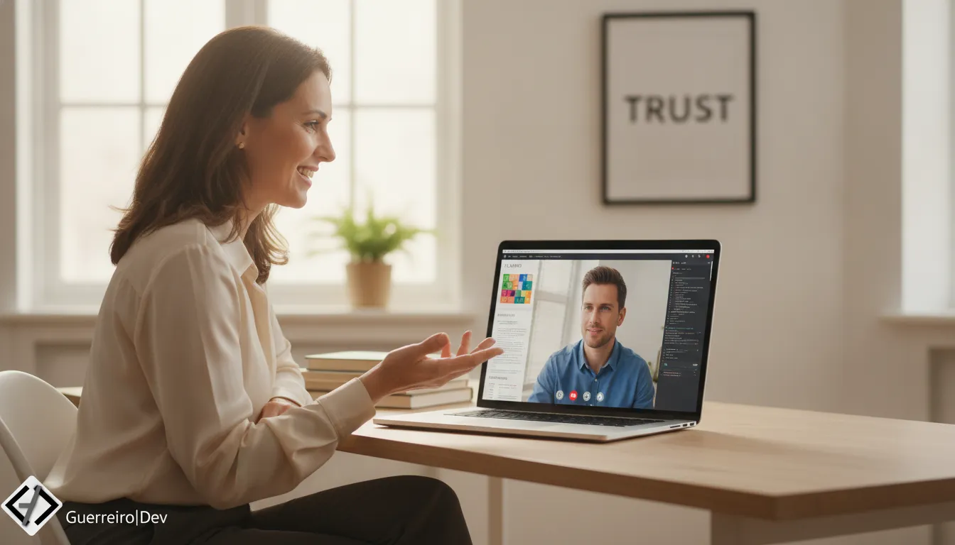 Cliente e freelancer programacao em videochamada, discutindo progresso do projeto e expectativas futuras.