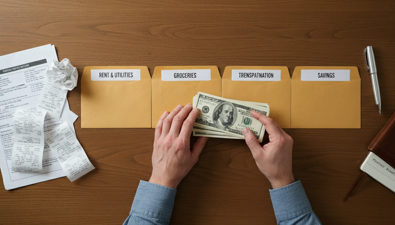 Mãos separando cédulas em envelopes rotulados com categorias de despesas para controle financeiro.