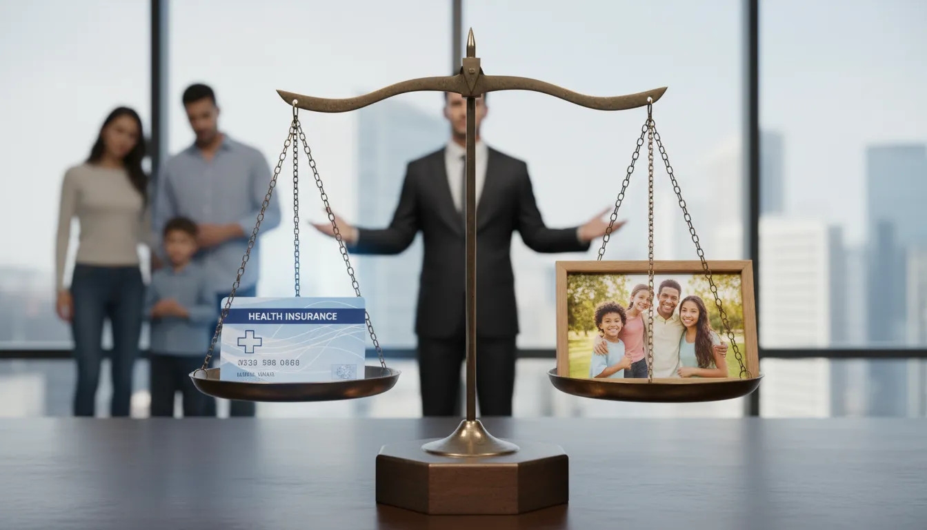 Balança da justiça representando o embate entre planos de saúde e o bem-estar familiar, com um advogado atuando na defesa dos direitos do paciente.
