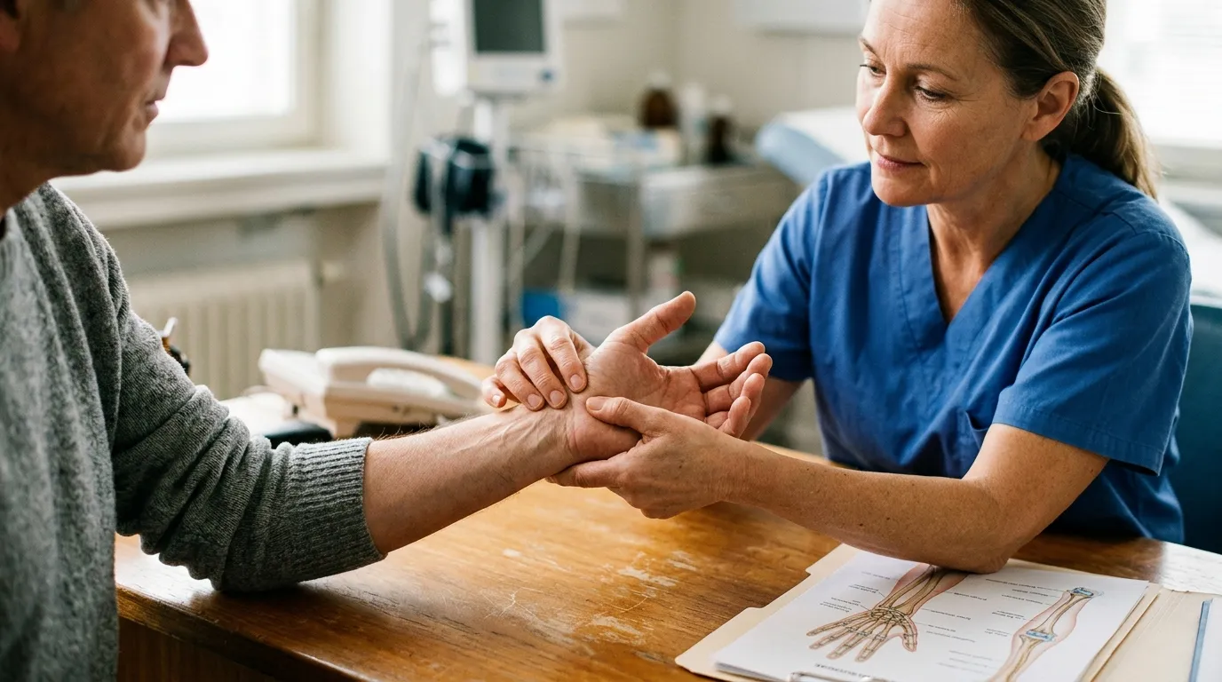 Consulta médica avaliando diagnóstico de doença ocupacional e lesão por esforço.