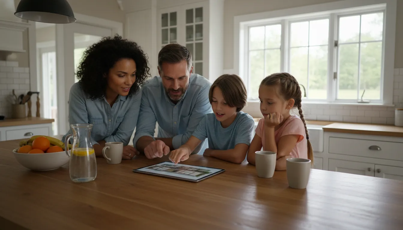 Família feliz analisando plantas de casa em tablet, planejando financiamento imóvel. Ambiente familiar acolhedor.