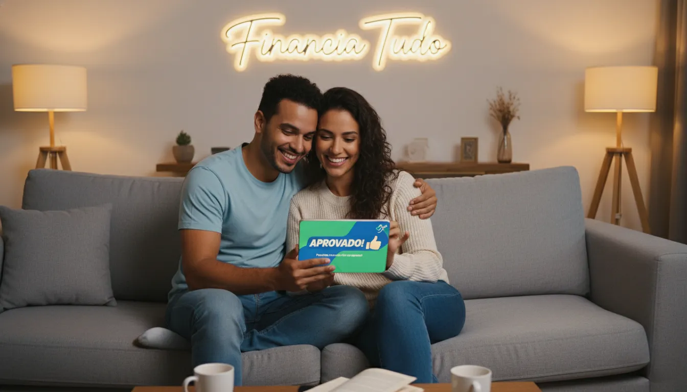 Casal brasileiro celebra aprovação de crédito, sentindo segurança e agilidade para taxas menores no crédito.
