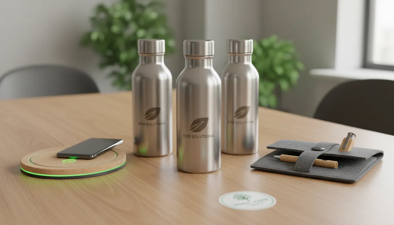 Brindes corporativos ecológicos e tecnológicos personalizados dispostos sobre uma mesa de madeira.