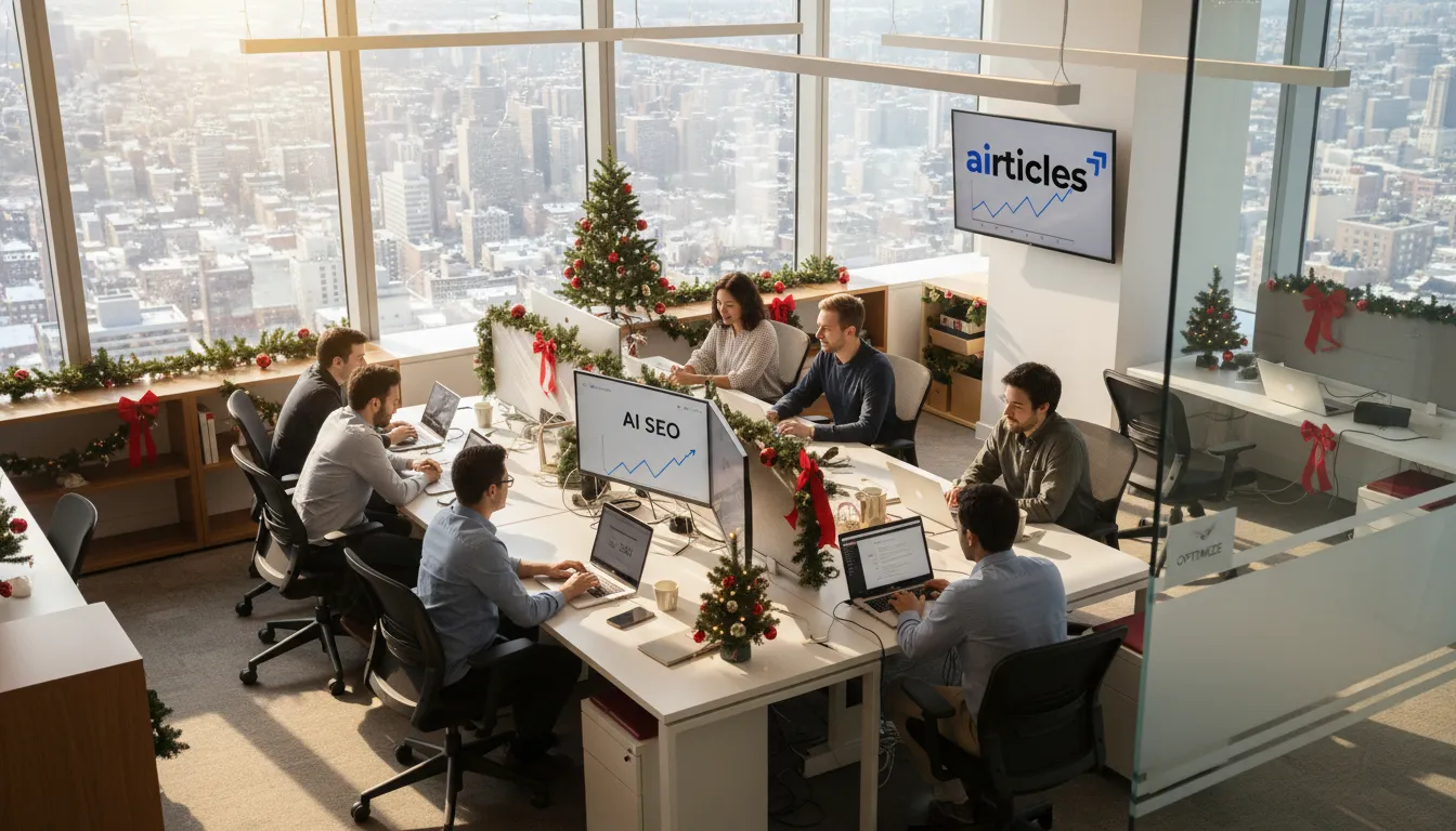 Modern Manhattan office, employees collaborate on AI SEO content optimisation, showcasing a productive and innovative environment.