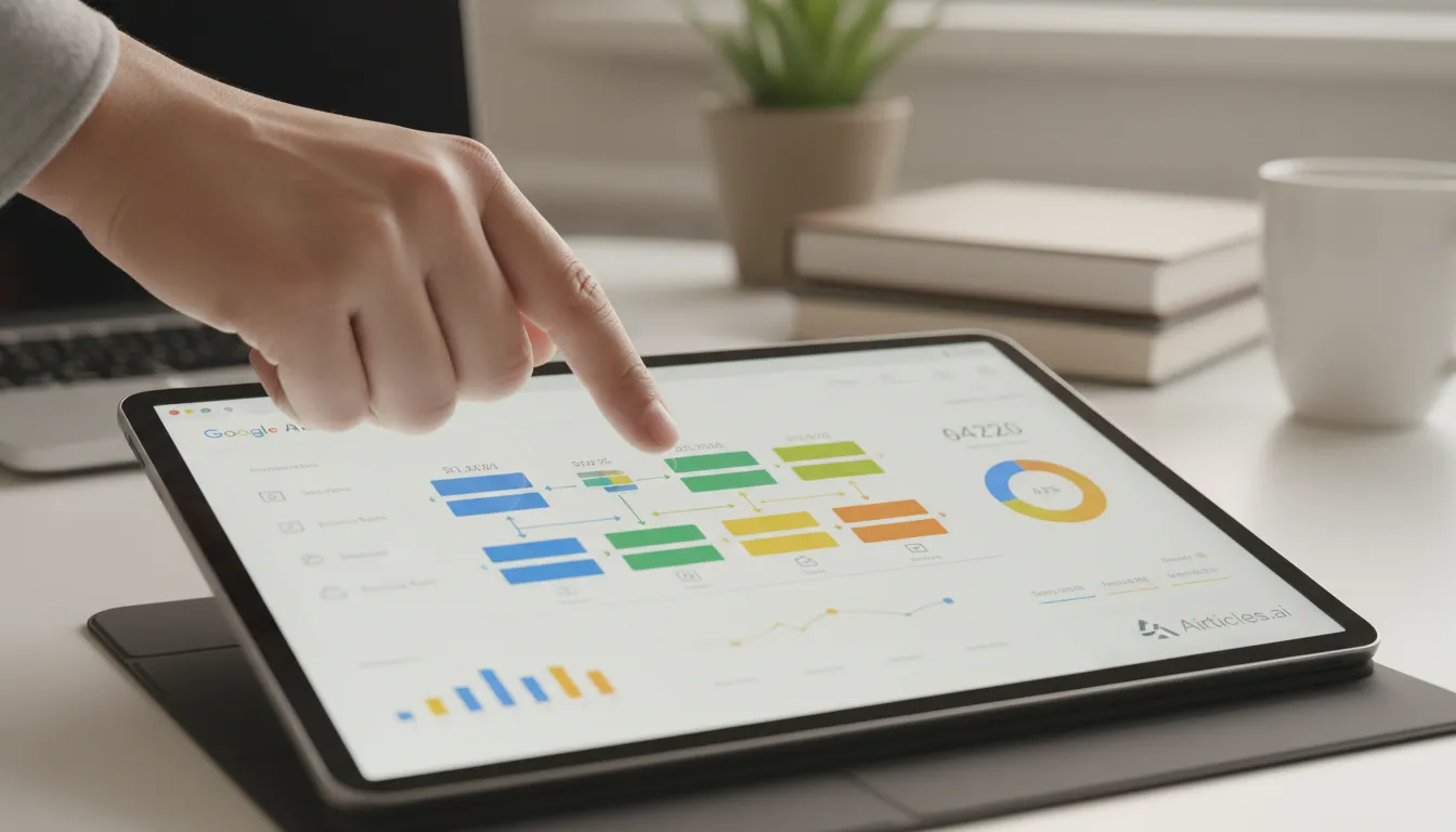 Mão interage com tablet exibindo relatórios detalhados do Google Analytics sobre comportamento do usuário.