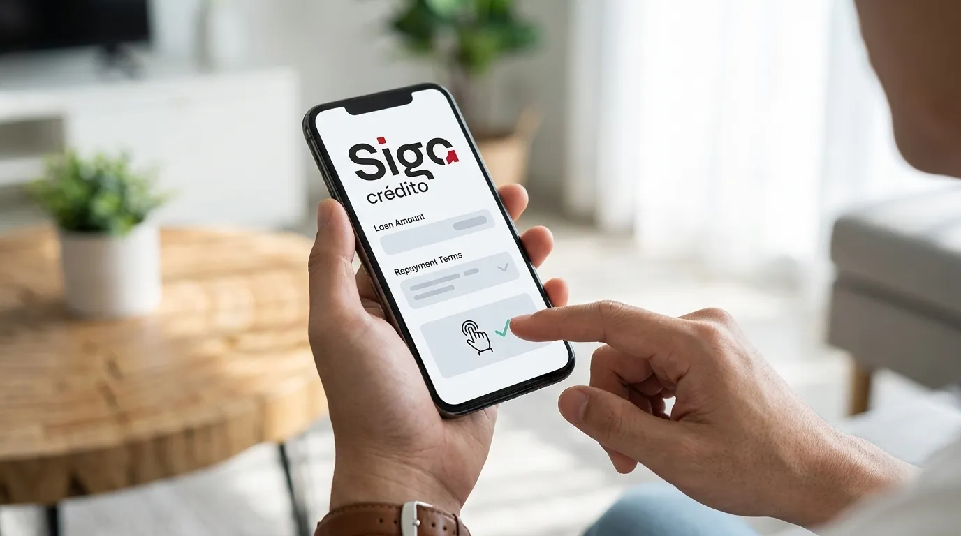 Mãos segurando celular para assinatura de contrato de empréstimo online sem burocracia.