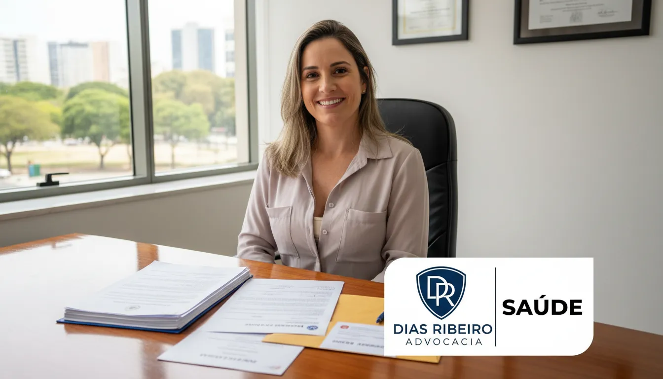 Mulher sorrindo após a cirurgia de redução de mama, com documentos sobre a cobertura do plano de saúde e o logo da Dias Ribeiro Advocacia.