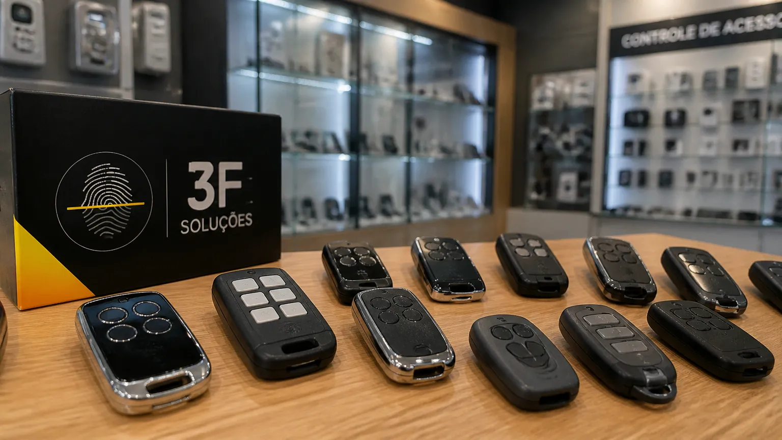 Variedade de modelos de controles para motor de portão em Fortaleza expostos em balcão de loja especializada.