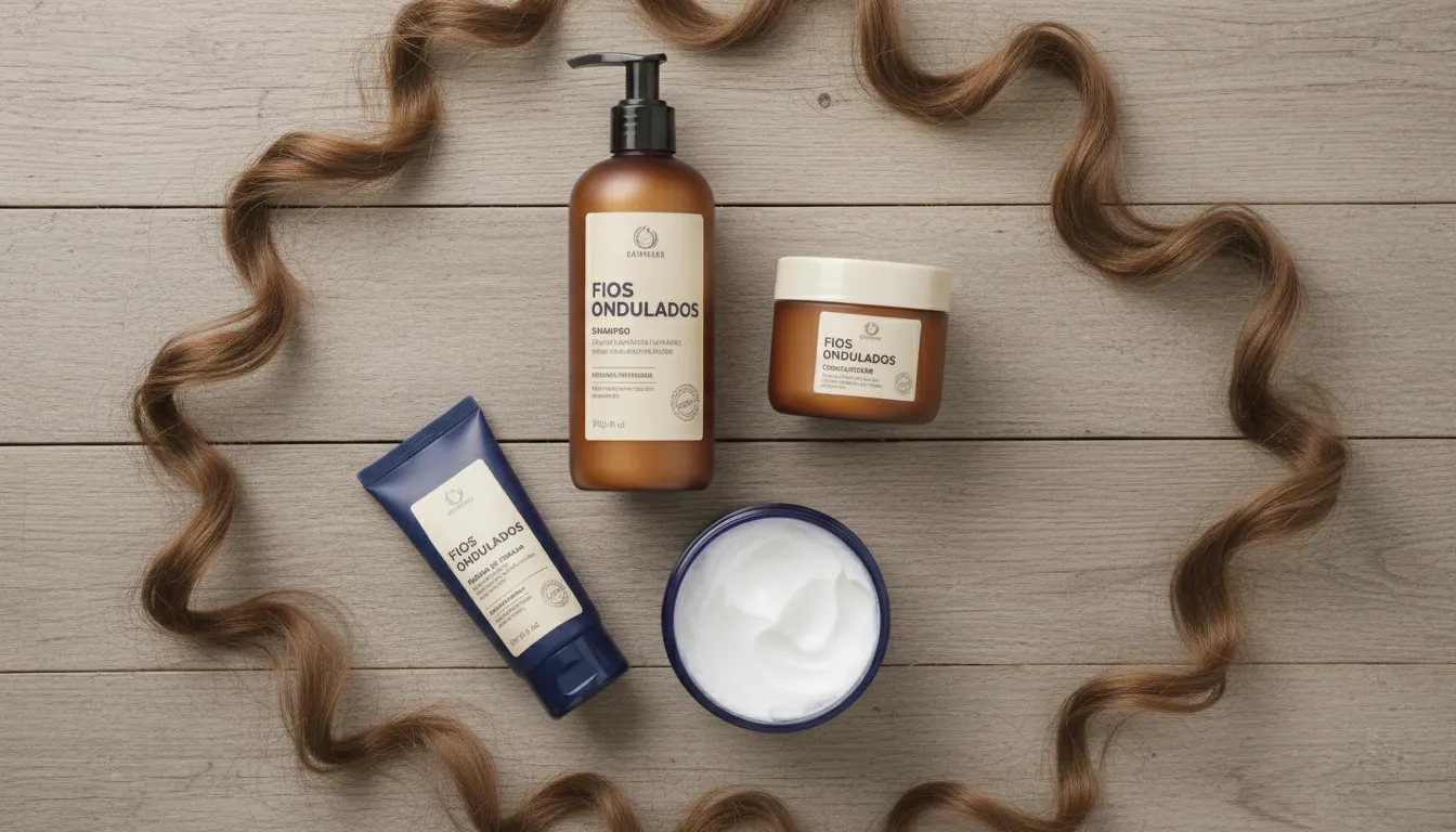 Visão geral de diversos produtos para cabelo ondulado, como shampoo, condicionador, máscara e creme de pentear, organizados em uma superfície de madeira. Cuide do seu cabelo ondulado!