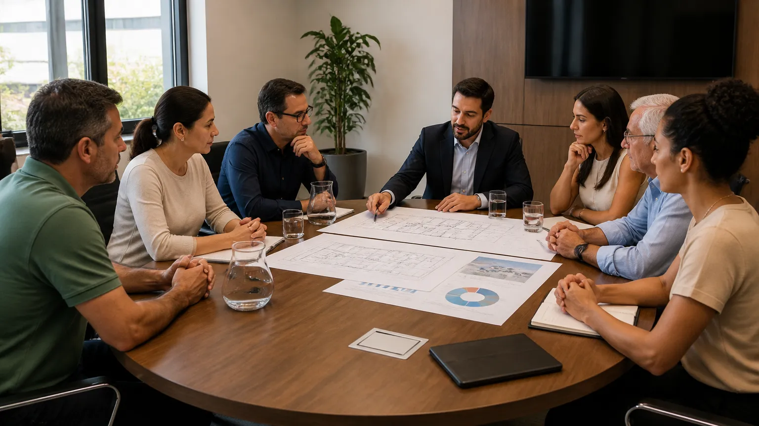 Reunião de moradores avaliando custos e financiamento de sistema de água condominial sustentável.