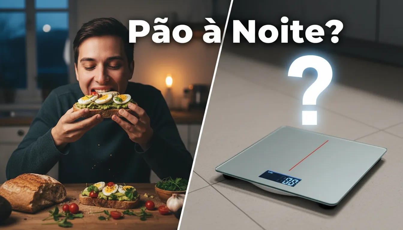 Imagem dividida mostrando a dualidade de comer pão à noite e a preocupação se engorda. Dúvida sobre comer pão à noite engorda.