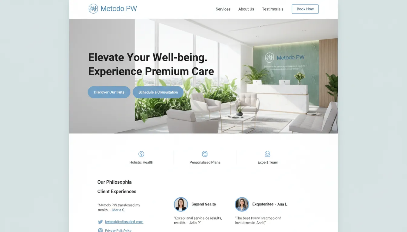 Design de landing page para clínica de bem-estar, destacando o posicionamento premium e o sistema de planejamento de marketing da empresa com um layout moderno e profissional.