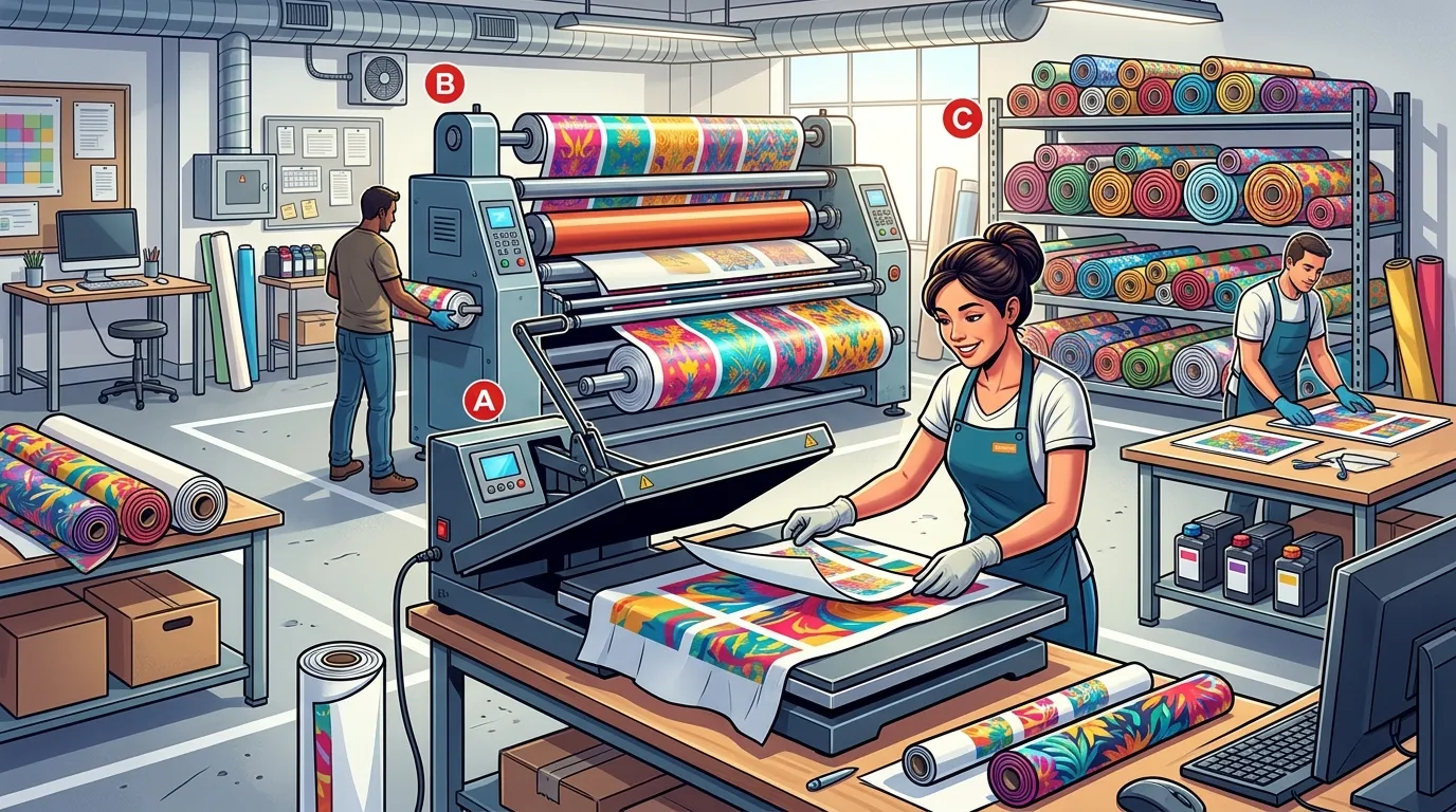 Maquinas de estamparia textil com calandra e prensa em producao de larga escala