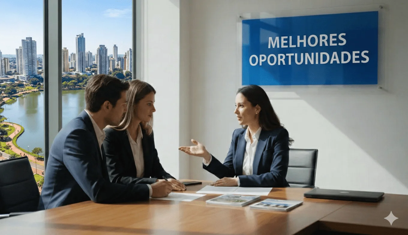 Corretor da Veneza discutindo opções de locação em um escritório moderno.