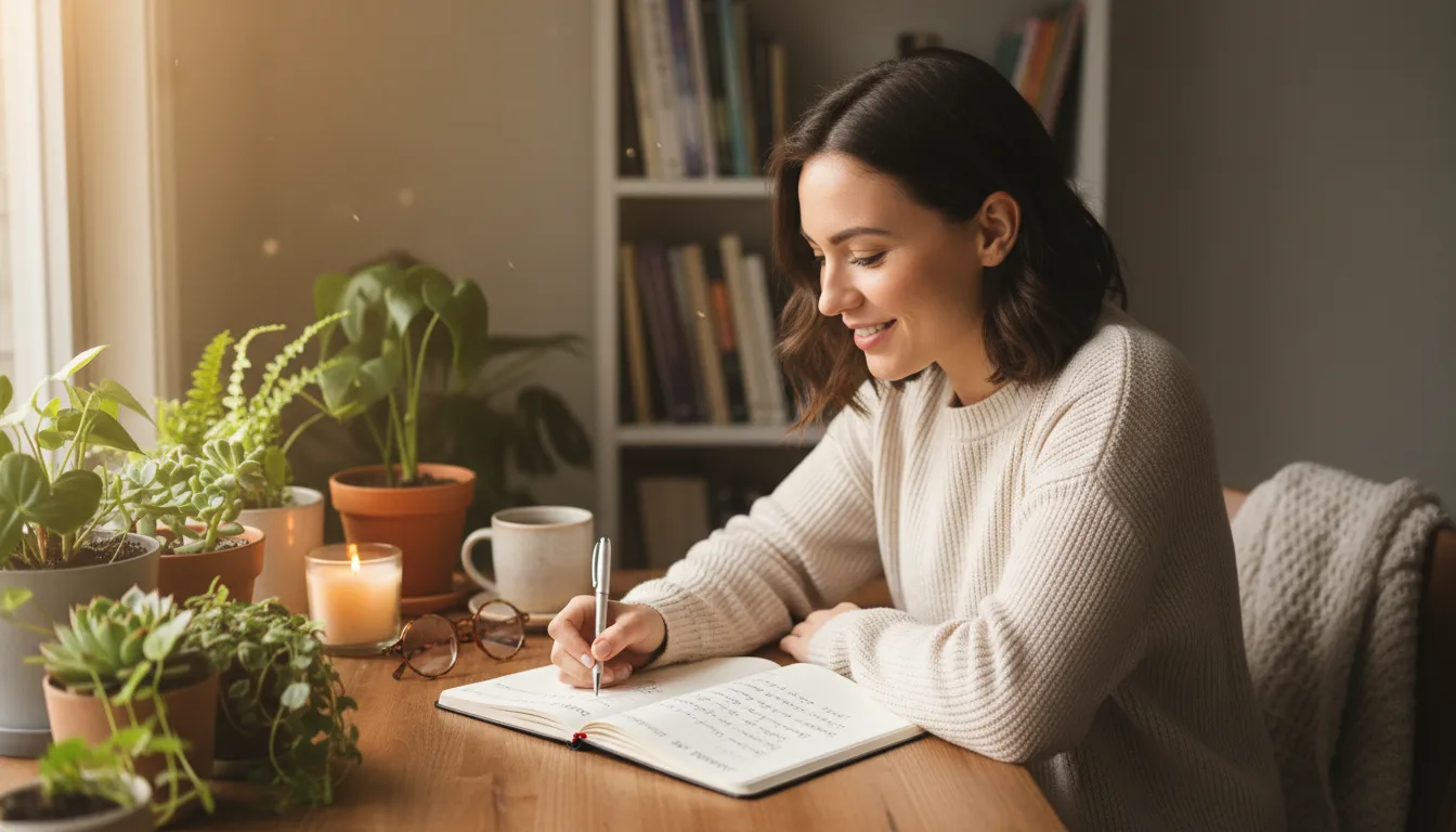 Mulher escrevendo em diário, sorrindo com leveza, simbolizando práticas para fortalecer a autoestima