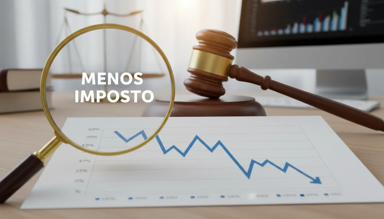 Gráfico financeiro mostrando a redução de dívidas através de uma transação tributária, com um martelo de juiz representando a justiça.