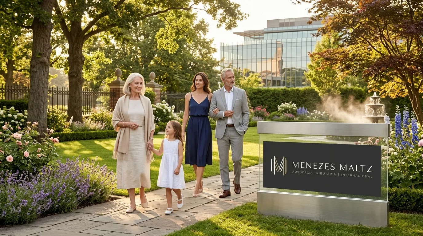 Família reunida em jardim celebrando a segurança de uma holding patrimonial estruturada.