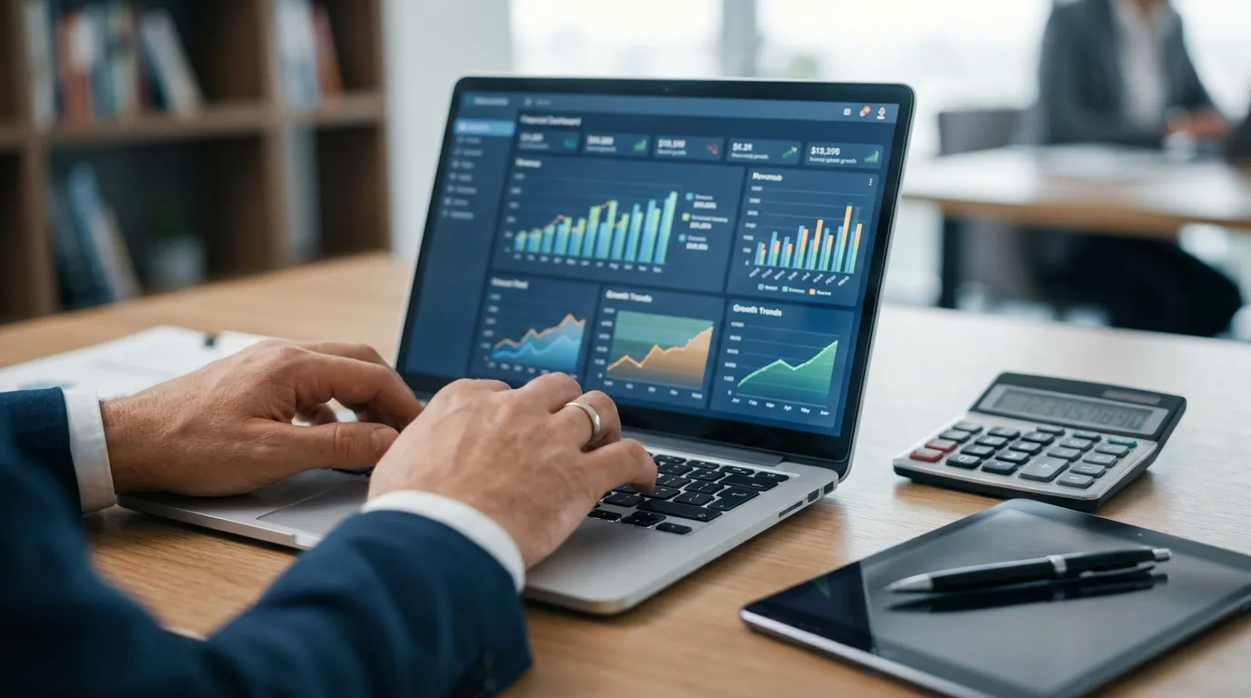 Gestor analisa fluxo de contas a pagar e a receber através de relatórios digitais na tela do notebook.