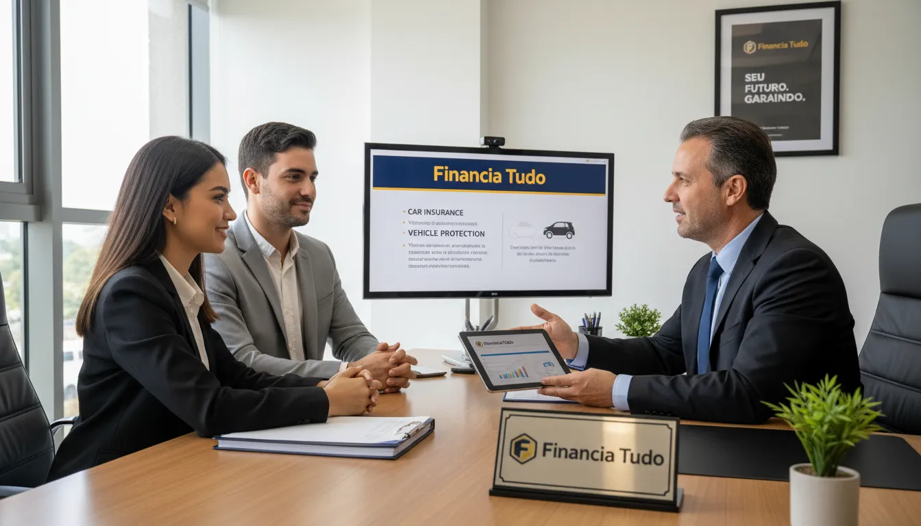 Agente de seguros da Financia Tudo explicando as diferenças entre seguro auto e proteção veicular para um casal, enfatizando o atendimento consultivo e personalizado.