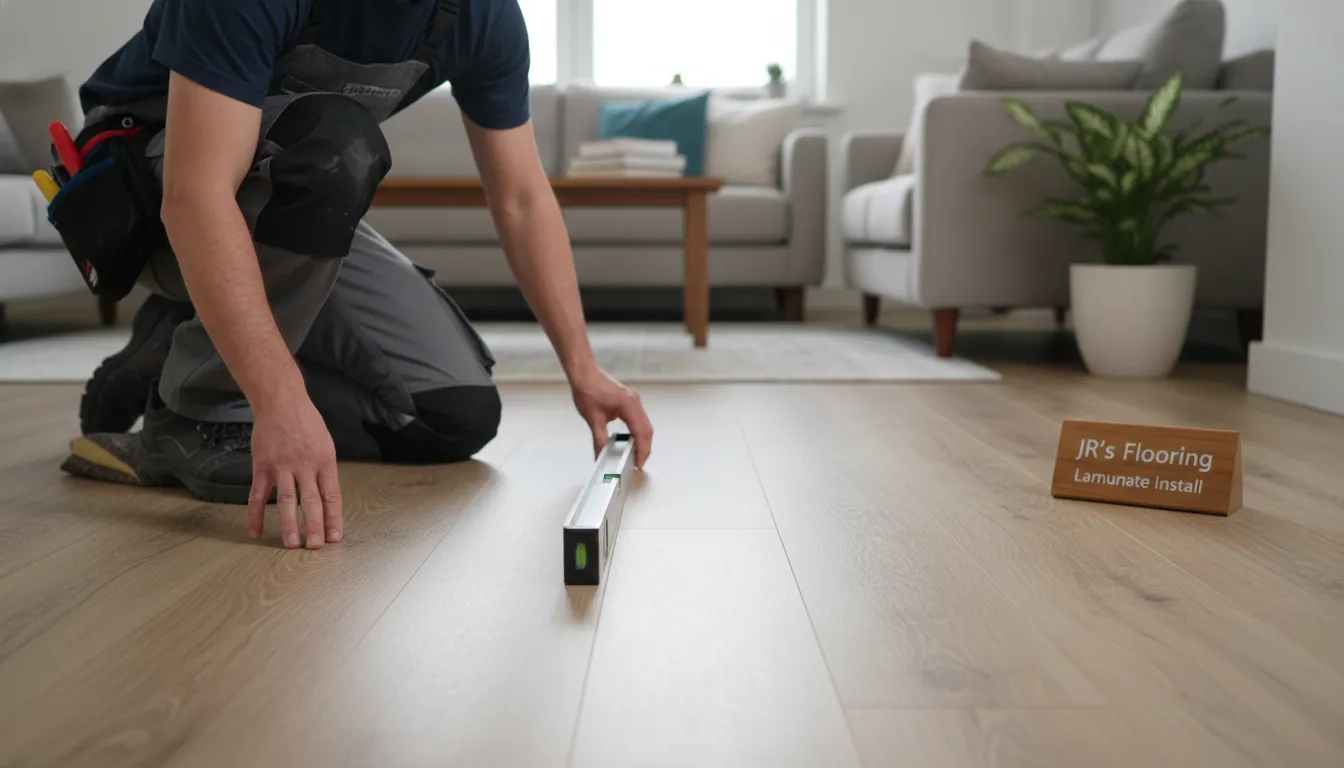 Expert laminate floor installation inspection by JR'S Flooring, ensuring high-quality finish and customer satisfaction in a modern living room.