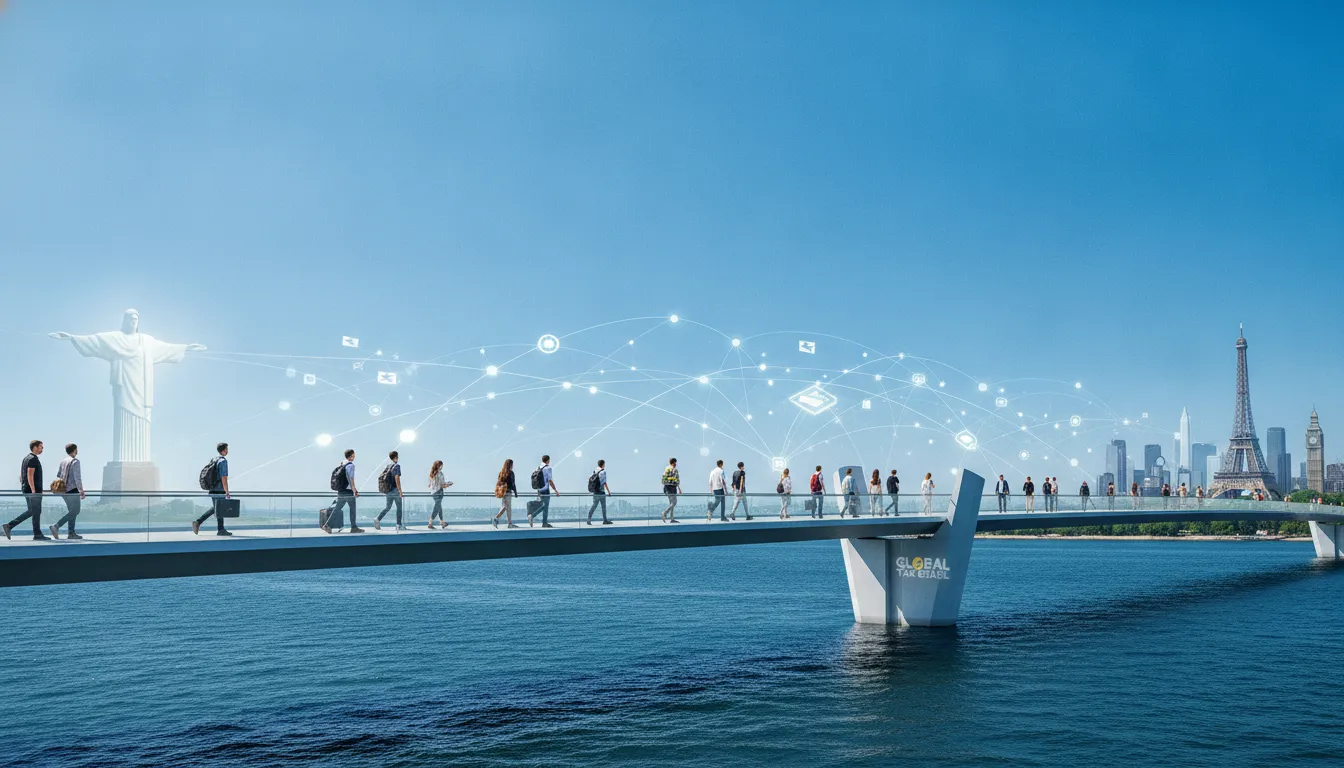 Ponte simbólica conecta Brasil e Europa, representando fluxo do INSS brasileiro no exterior para aposentados.