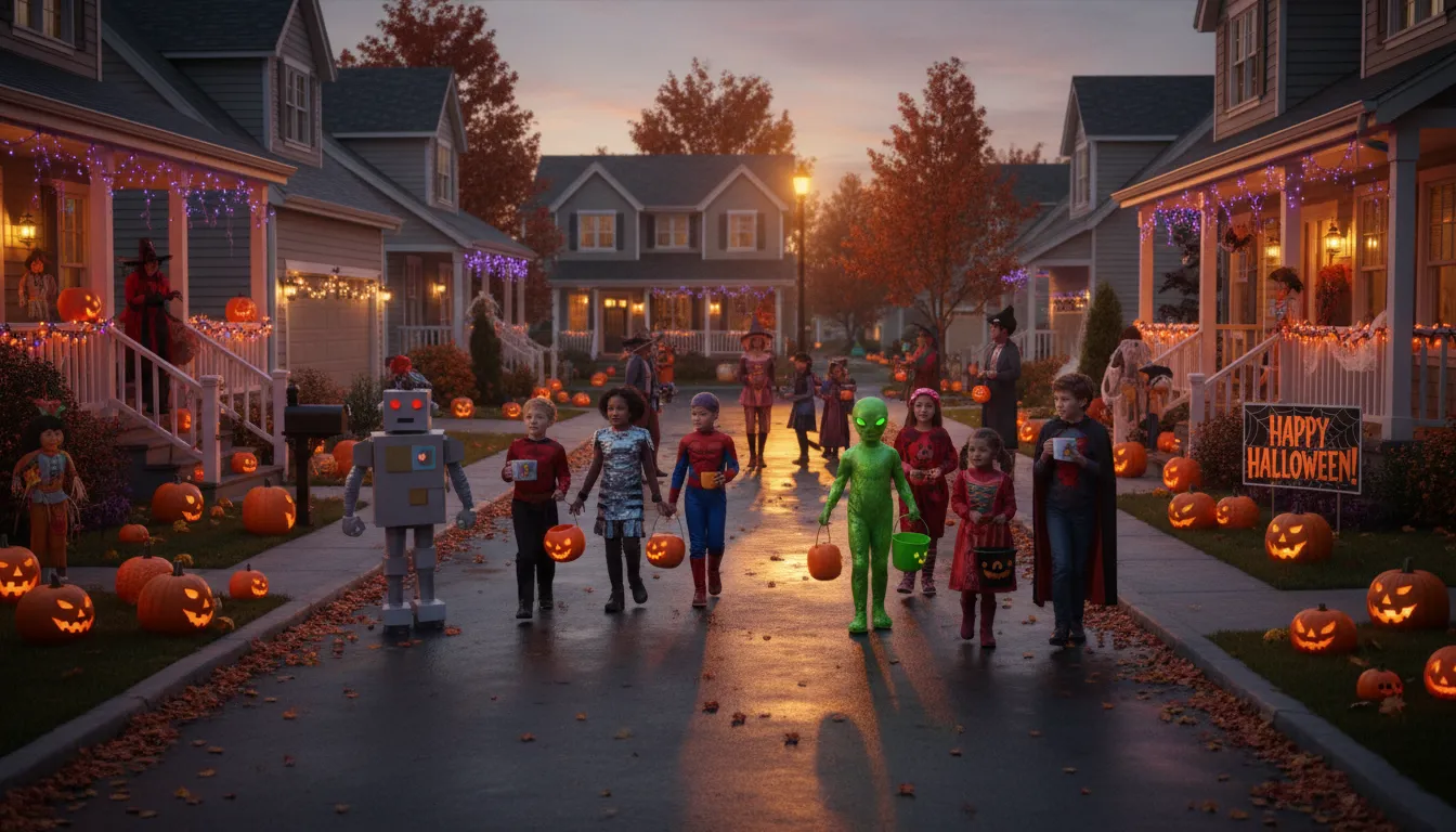 Children in costumes trick-or-treat while neighbours interact on a festively decorated street at Halloween.