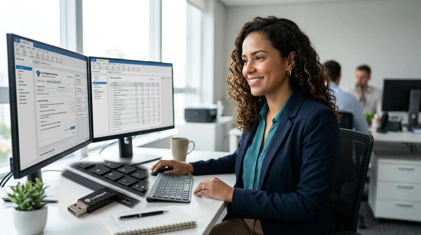 Profissional ajustando configuracao de certificado digital no ERP para faturamento.