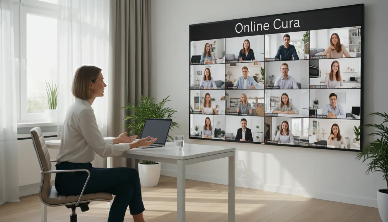 Um terapeuta conduz uma sessão de constelação familiar online, promovendo cura e entendimento entre os participantes. Unolife: Cuidado familiar à distância.