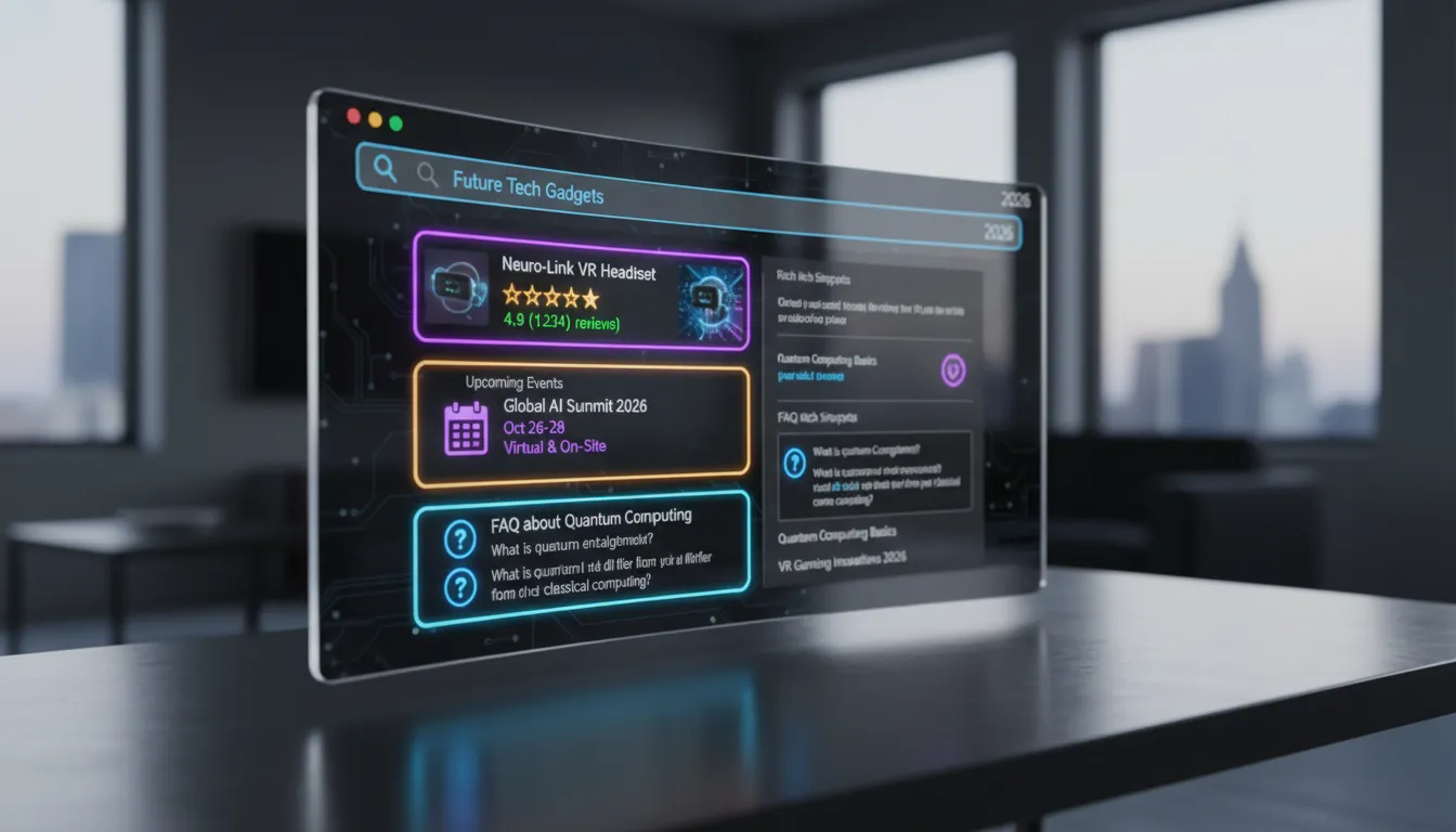 Dados Estruturados (Schema) em 2026: Por Que Importa 2 Página de busca de 2026 exibindo rich snippets destacados como avaliações, eventos e FAQ.