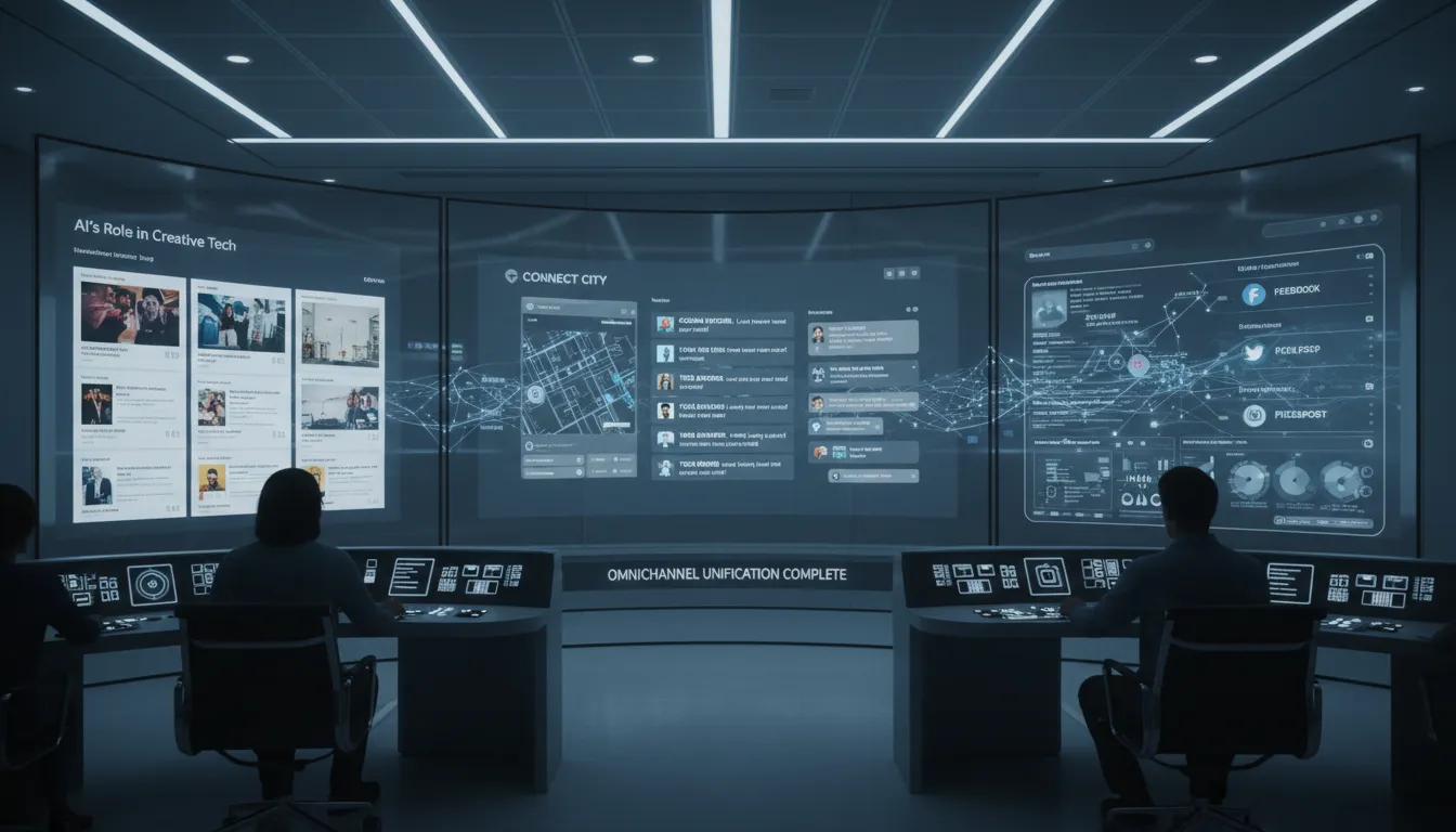 Sala de comando com telas mostrando integração omnichannel de artigos entre diversas plataformas digitais