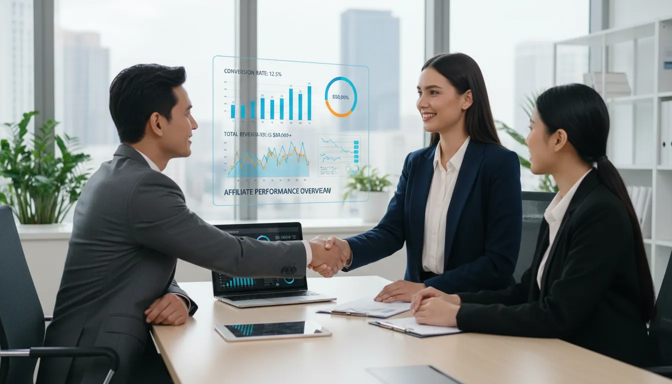 Afiliado em reunião com clientes, transmitindo confiança, enquanto monitora resultados em dispositivos digitais.