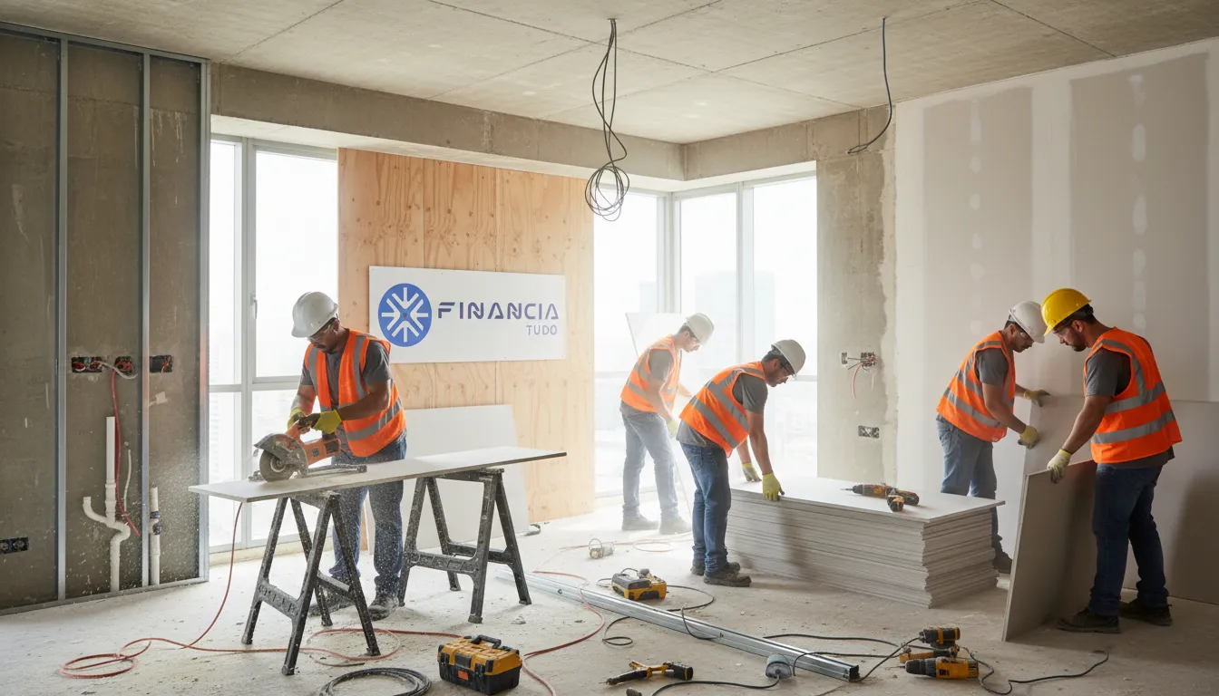 Equipe trabalha na reforma do condomínio, viabilizada pelo financiamento para condomínios reformas e parceria com Financia Tudo.