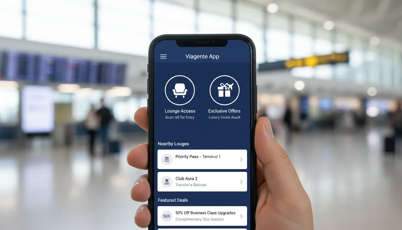 Close-up da tela de um smartphone mostrando o app Viagente com ofertas exclusivas e acesso a lounges, destacando a conveniência do aplicativo para o programa visa airport companion.