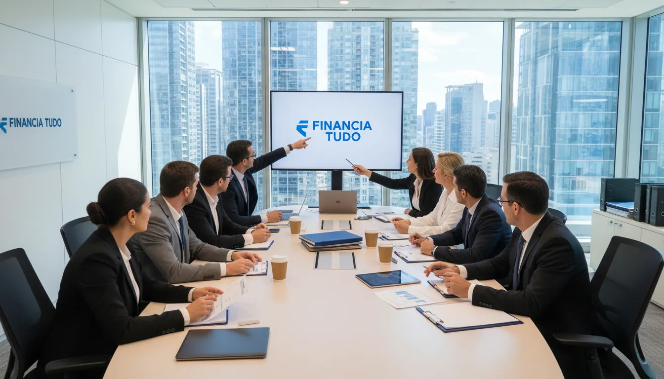 Equipe da Financia Tudo reunida em um escritório moderno, analisando as melhores opções de empréstimo com terreno urbano em garantia para seus clientes.