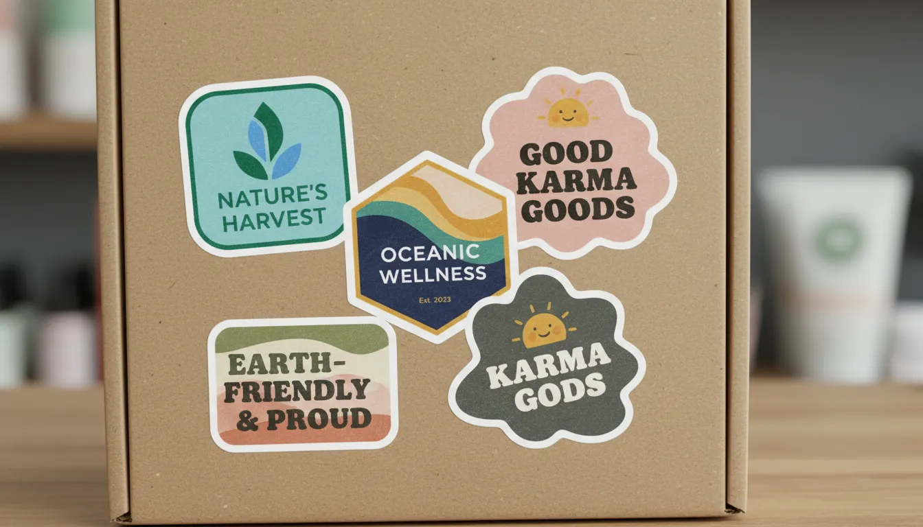 Pegatinas personalizadas aplicadas en embalajes ecológicos de productos mostrando calidad y diseño