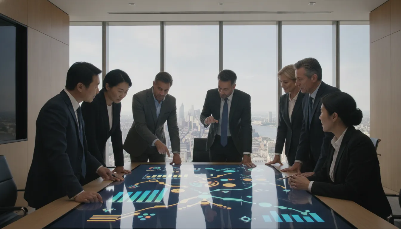 Líderes de negócios internacionais discutem tendências de M&A 2026 em mesa interativa, vista panorâmica.