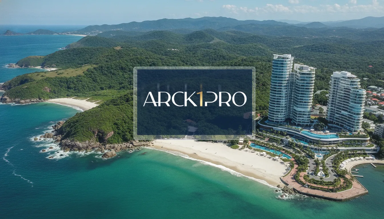 Vista aérea de terreno no litoral catarinense, com projeção de luxuosa incorporação, ilustrando quanto ganha corretor de imóveis.