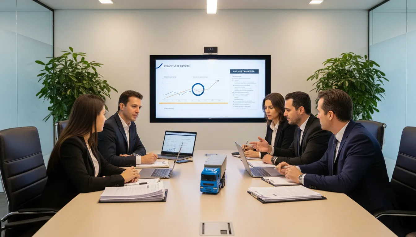 Equipe financeira discutindo crédito seguro com caminhão em miniatura e gráficos em sala de reuniões moderna.