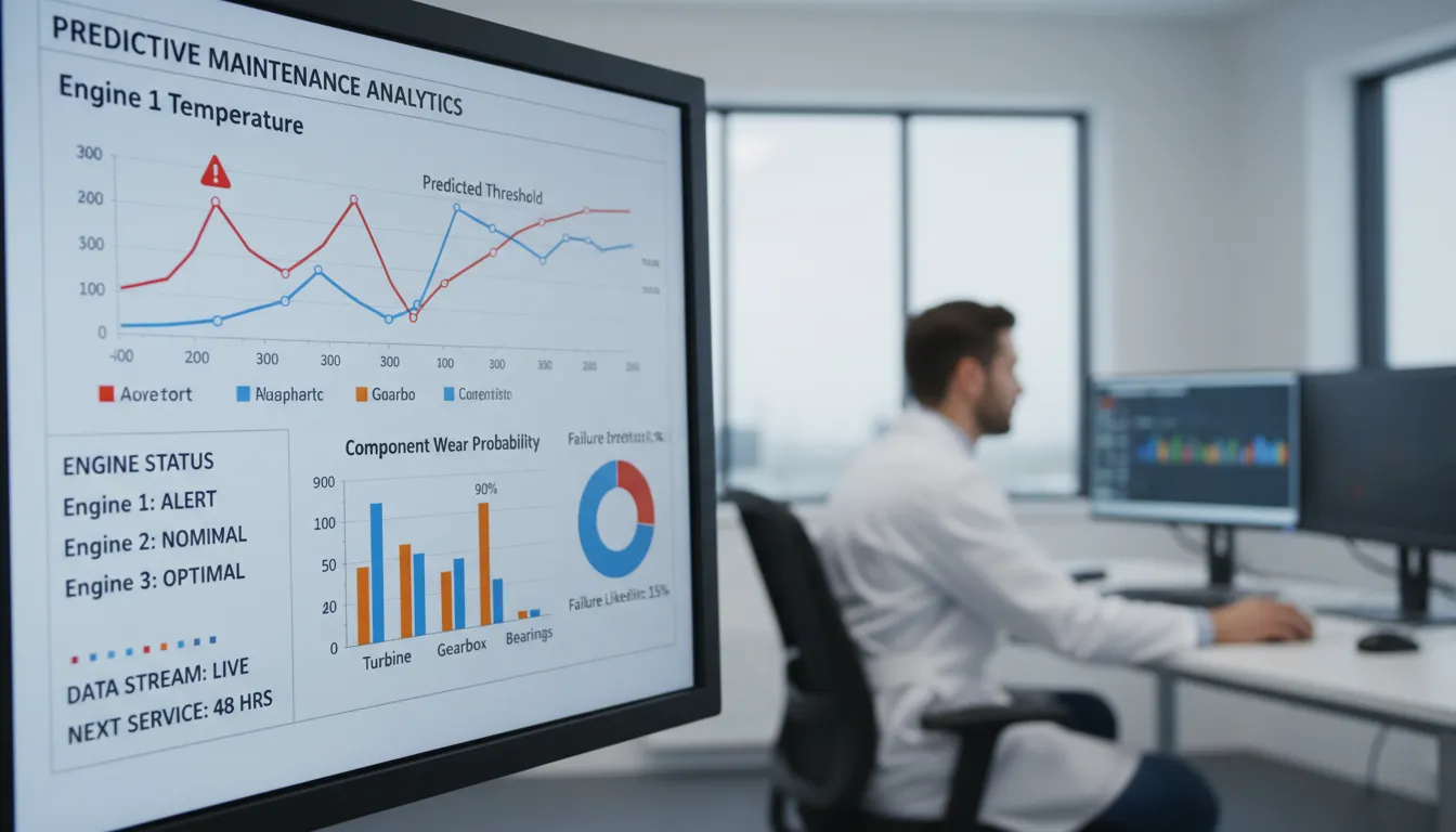 Painel digital com gráficos de análise preditiva sobre motores industriais, engenheiro avaliando dados.