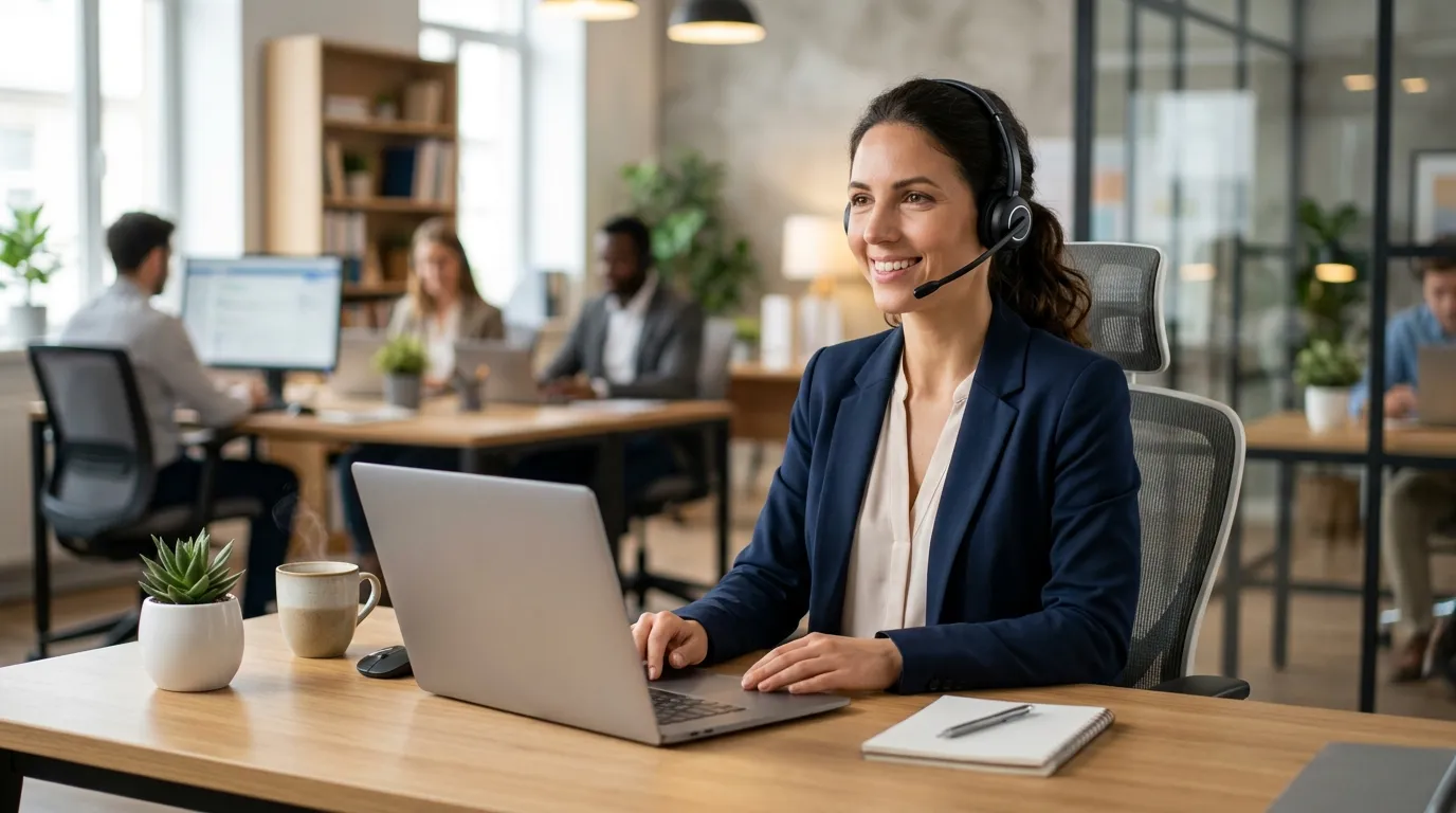 Atendente sorrindo ao telefone otimizando a relação com clientes no suporte.