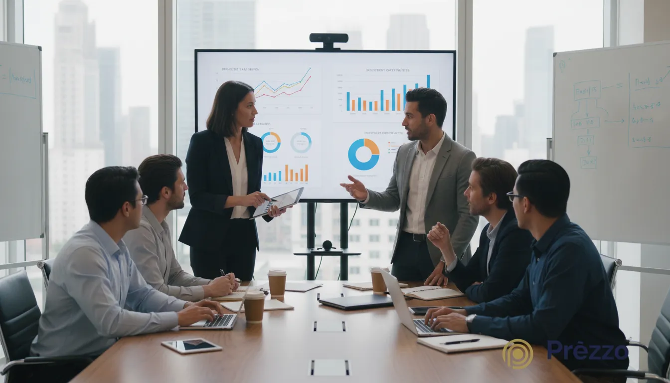 Equipe analisando gráficos em tela grande, focados no planejamento tributário e estratégias financeiras.