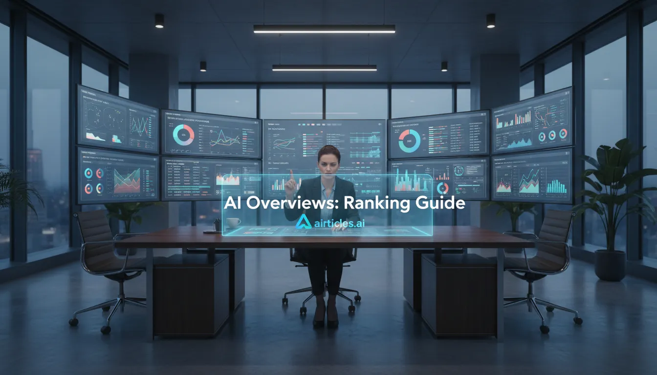 Planejamento estratégico da Airticles.ai para 'How to Rank' em visões gerais de IA, com foco em dados analíticos e otimização de SEO para clientes.