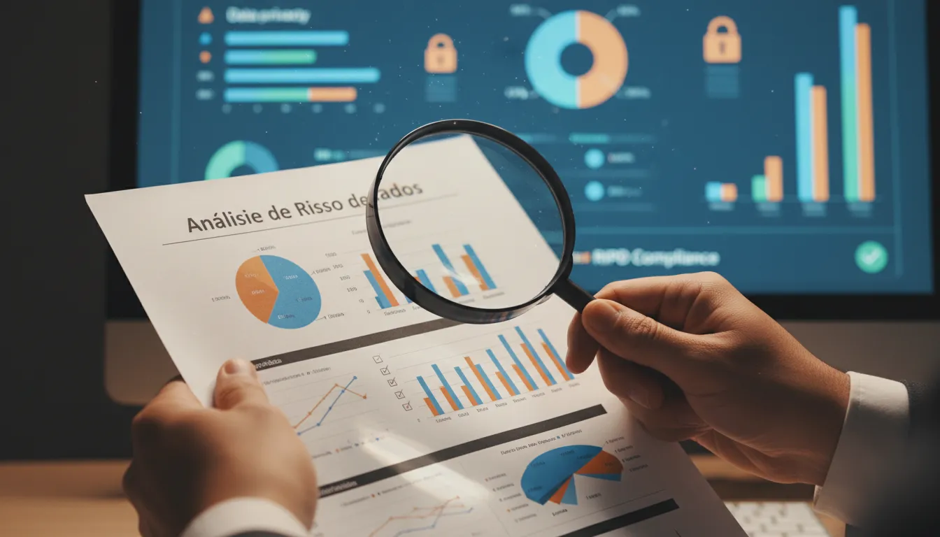 Mãos usando lupa sobre documento de análise de risco de dados, ilustrando a diligência na conformidade RIPD LGPD.