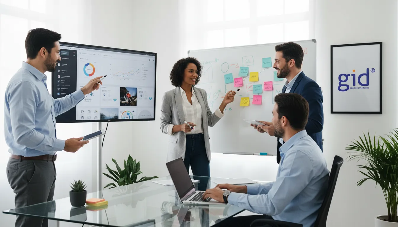 Equipe colaborativa de uma agência marketing digital desenvolvendo estratégias inovadoras para alavancar pequenos negócios.