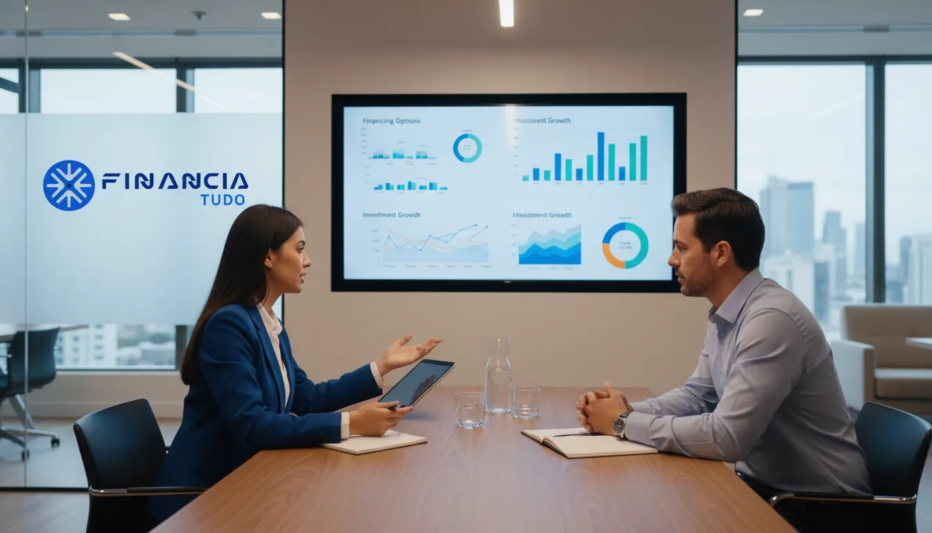 Consultor da Financia Tudo auxilia cliente no planejamento para financiamento alto, com apresentação clara e objetiva.