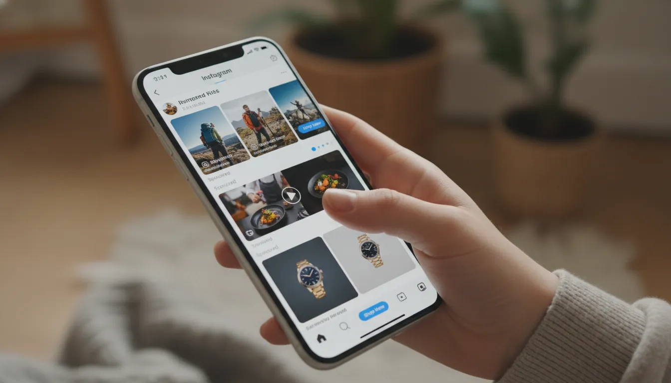 Mão rolando feed do Instagram com diversos posts patrocinados, mostrando alta qualidade dos Instagram Ads.